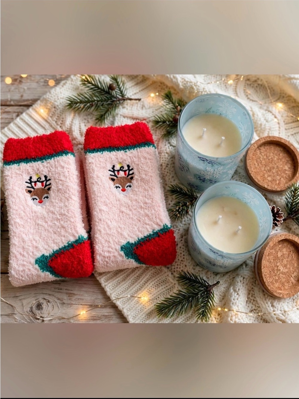 Hallmark Bundle 2-14 oz Snowflake Holly 2 Wick Candle Jars & Aloe infused Socks
